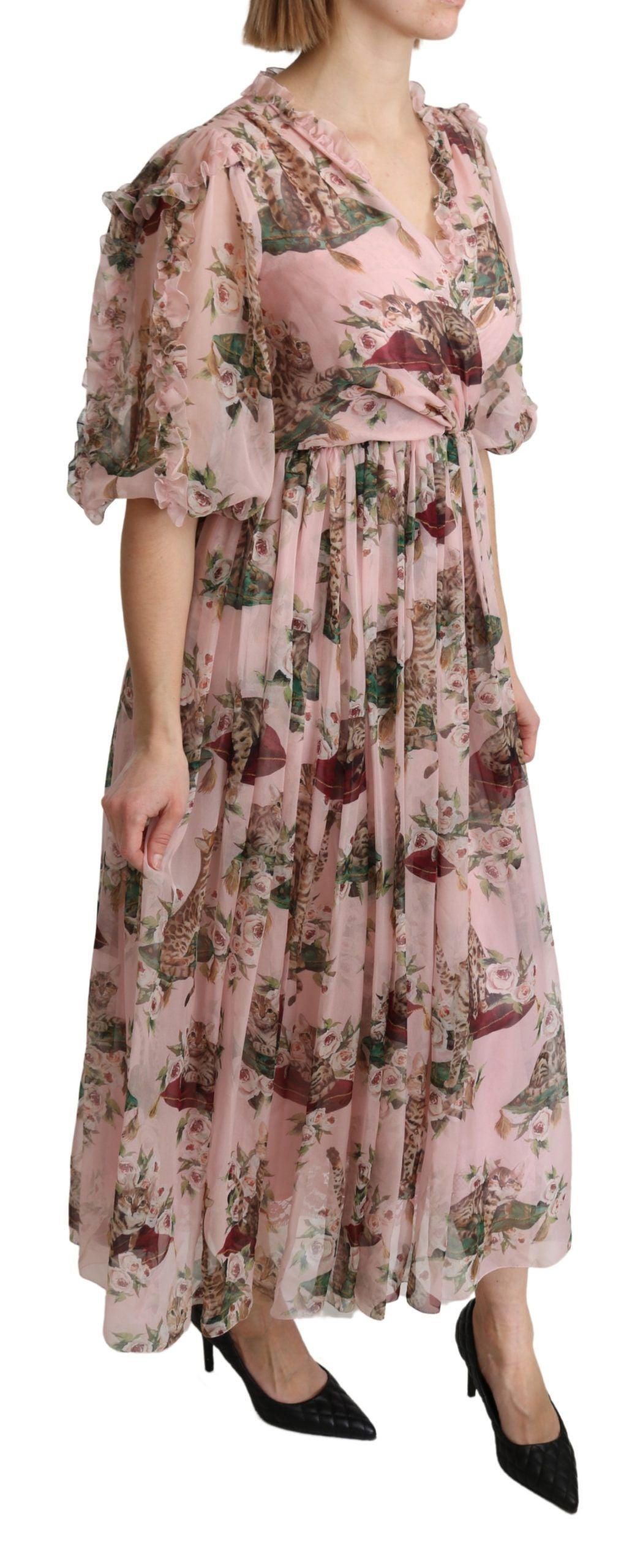 Pink Bengal Cat Print A-line Maxi Silk Dress