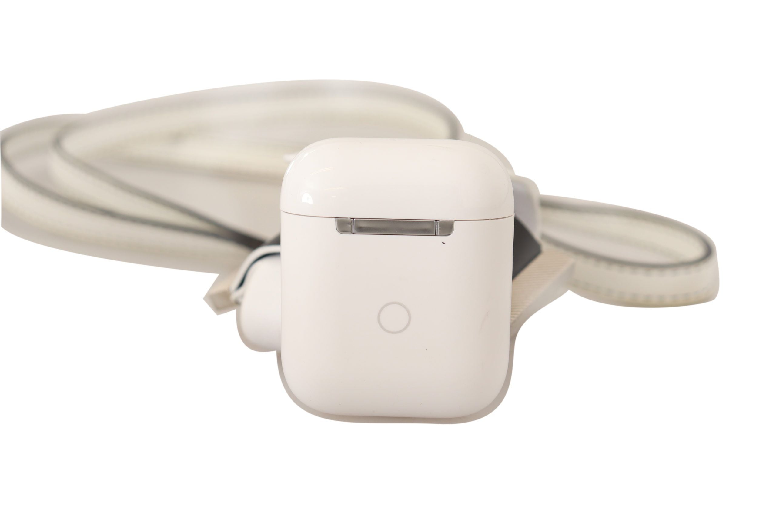 White Black Leather Strap Silver Metal Logo Airpods Case