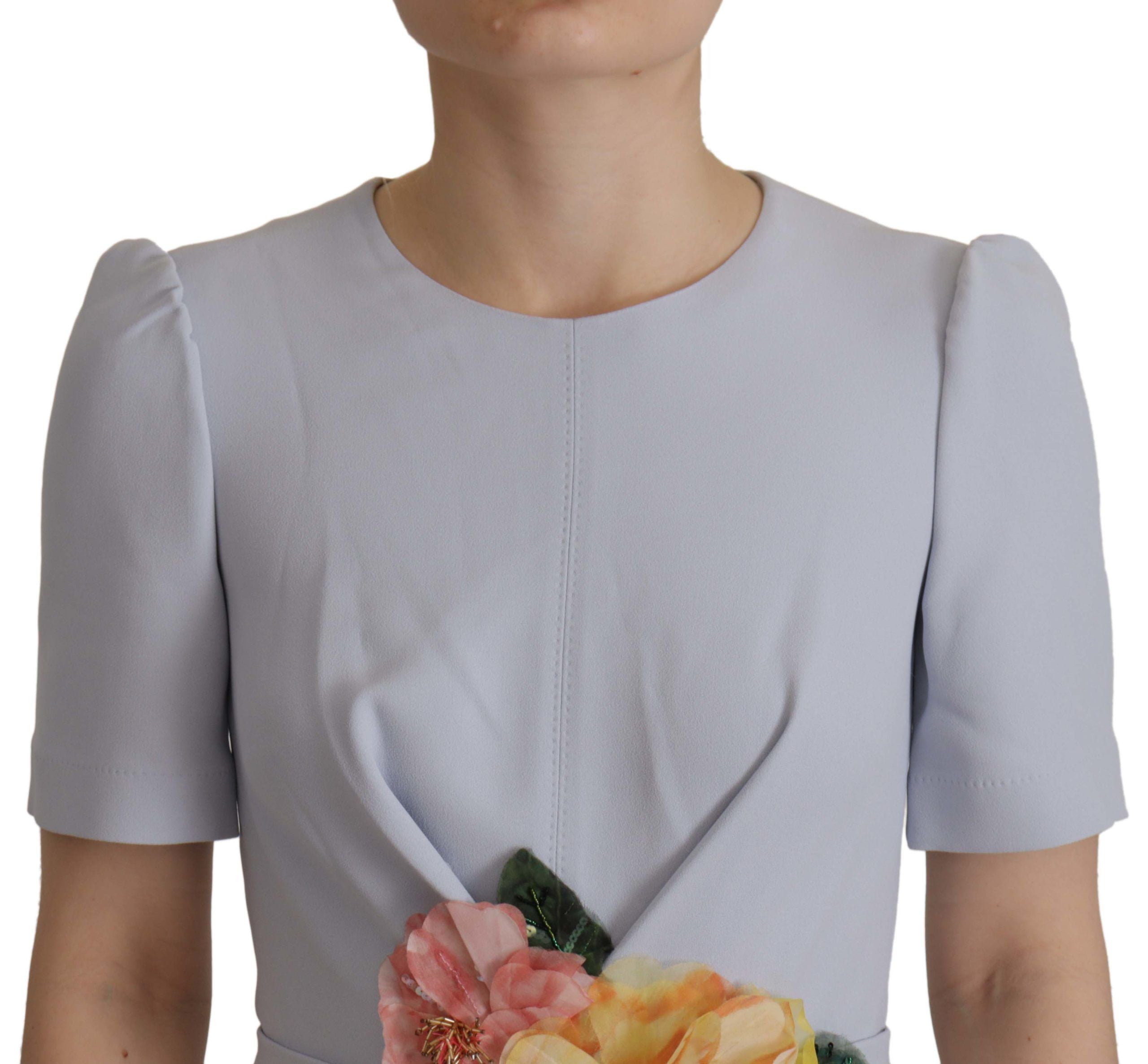 Blue Floral Applique Midi Viscose Dress