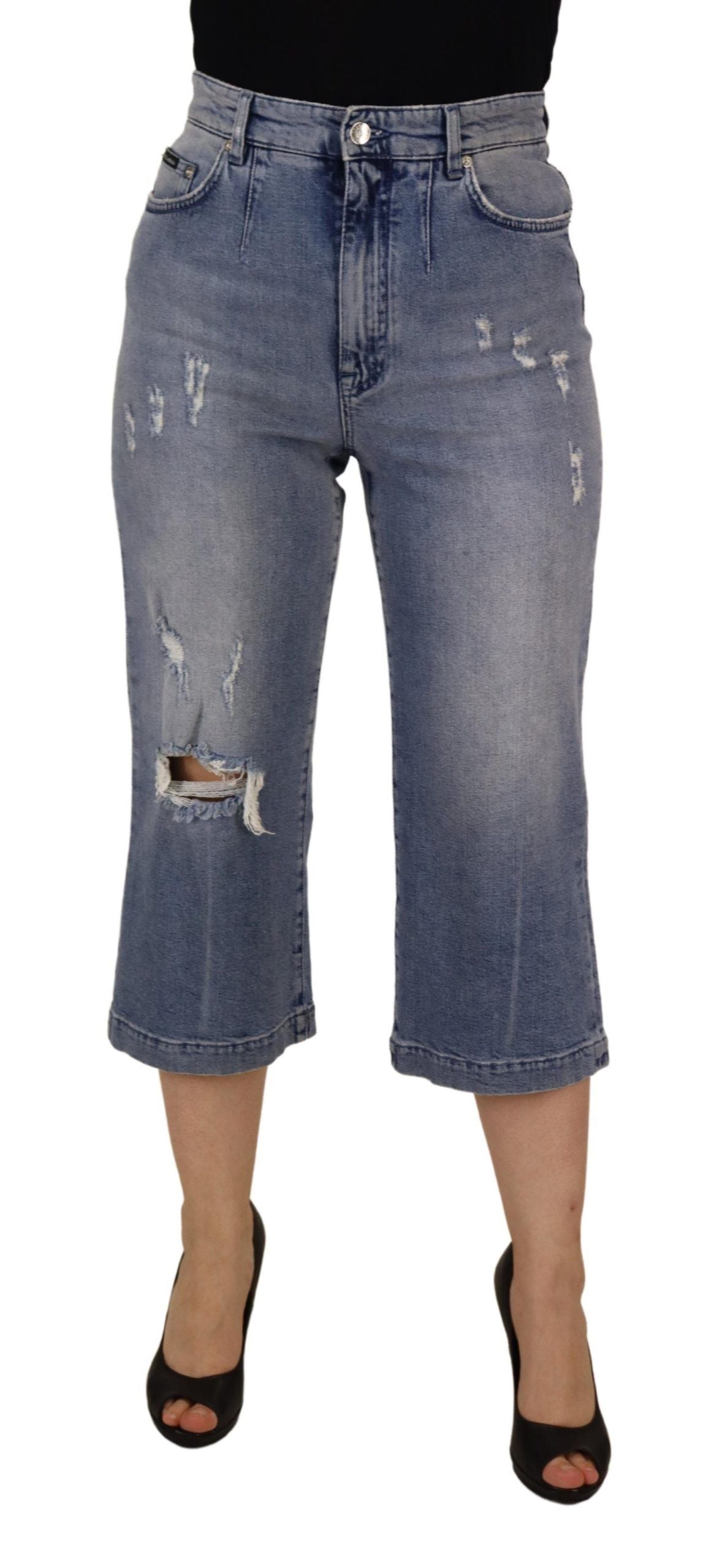 Blue Washed High Waist Cropped Denim Jeans