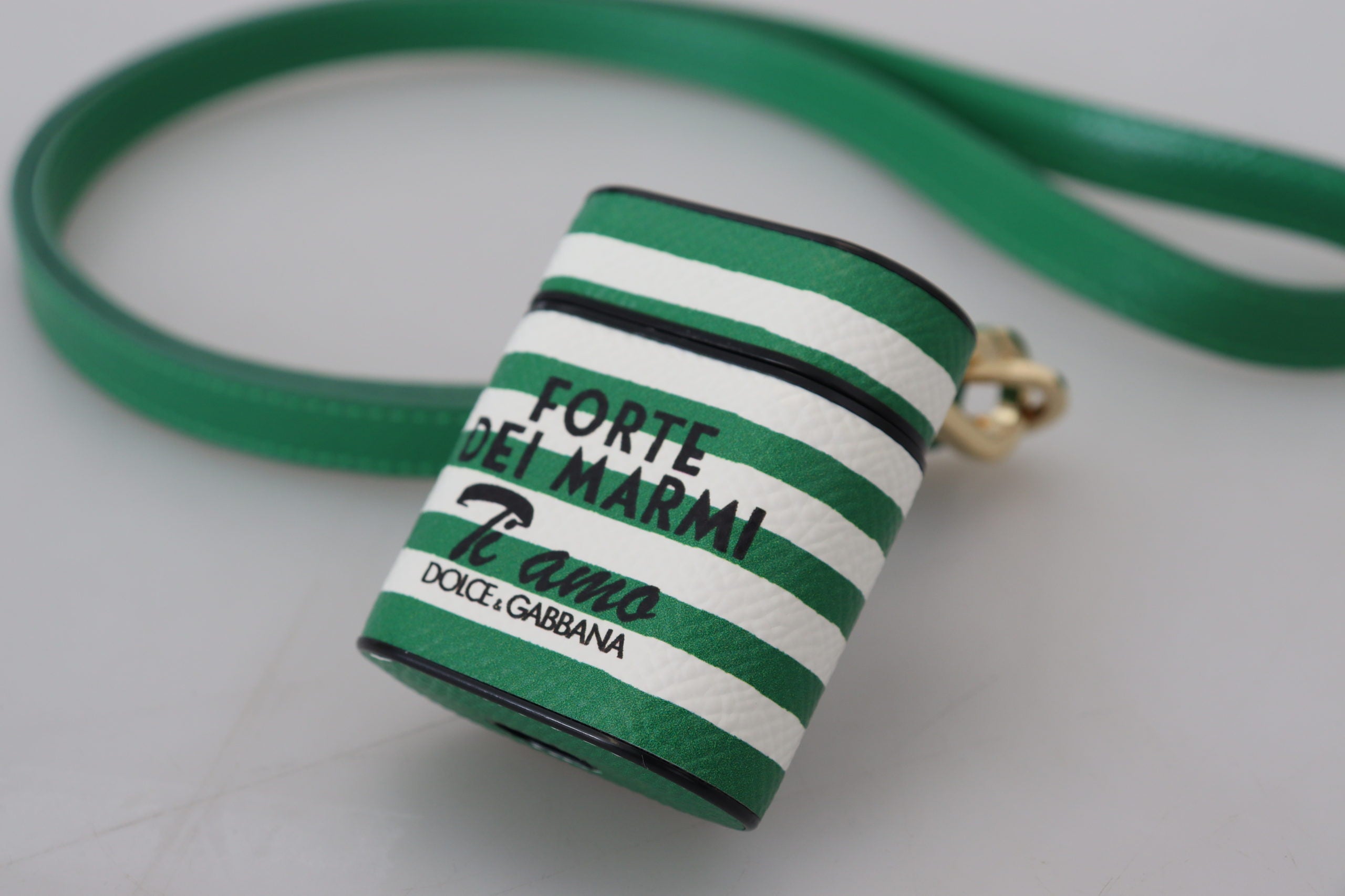 Green Leather Strap Gold Metal Logo Airpods Case