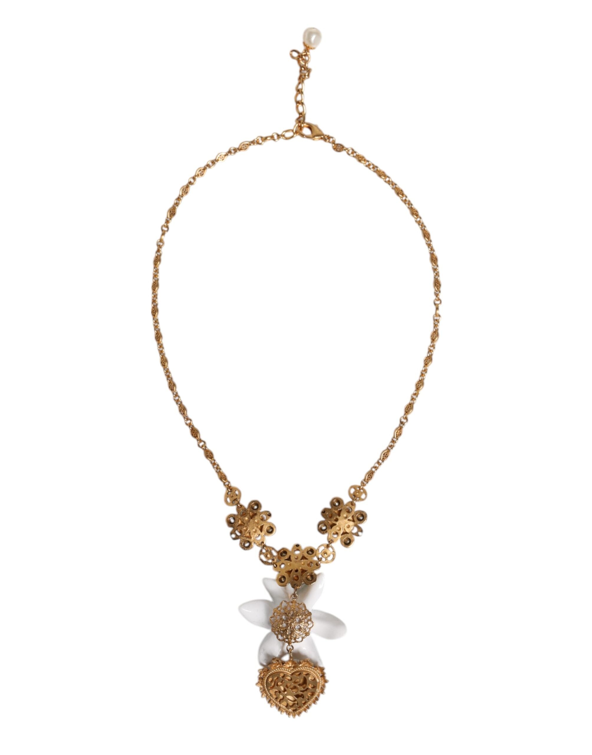 Gold Brass Lily Crystal Sacred Heart Pendant Necklace