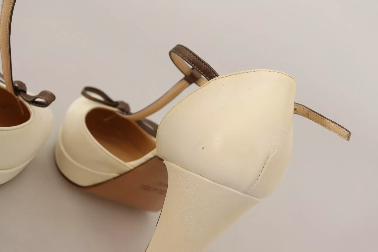 Off White Leather T-Strap Heels Sandals Shoes