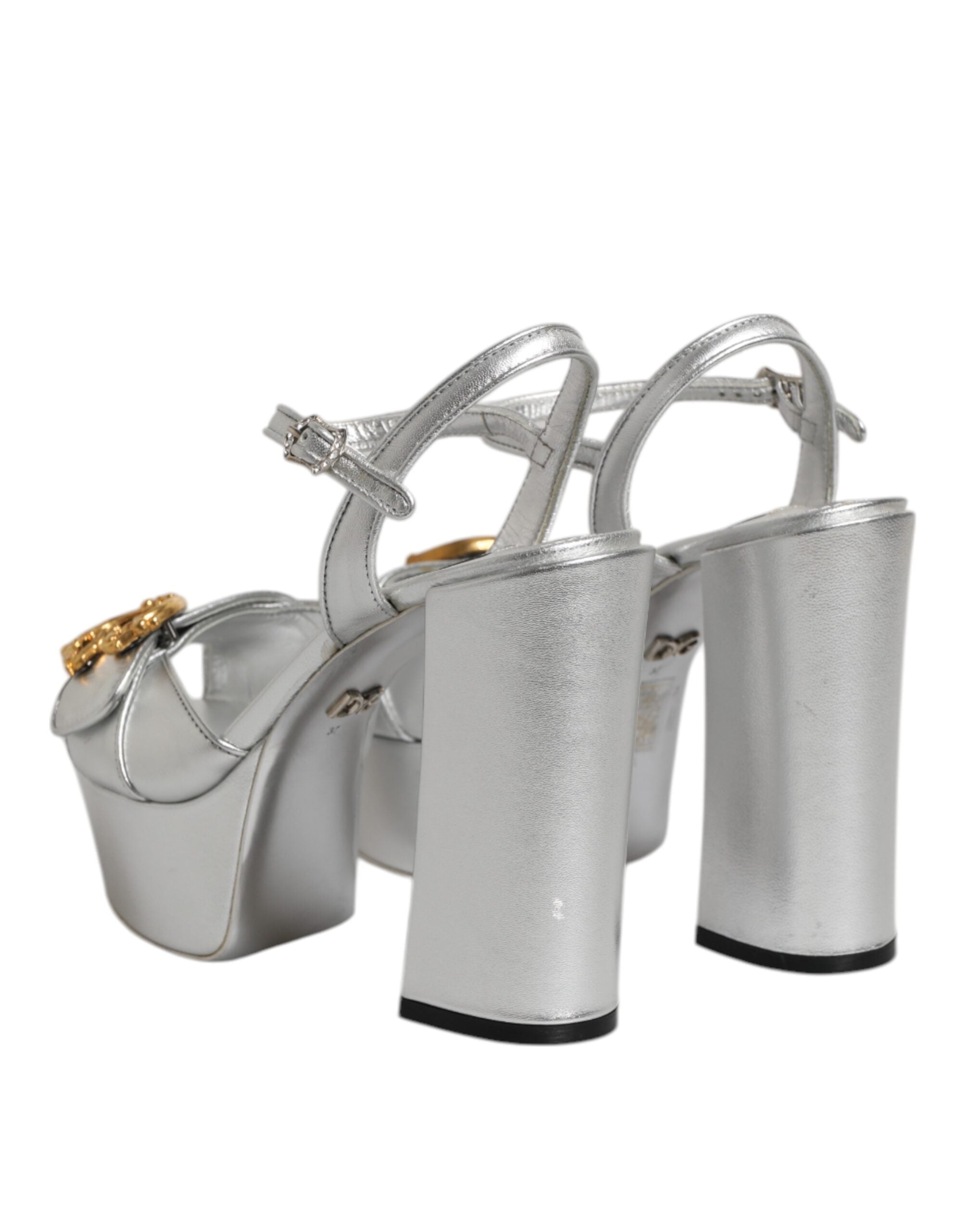 Silver Logo Ankle Strap Heels Sandals Shoes