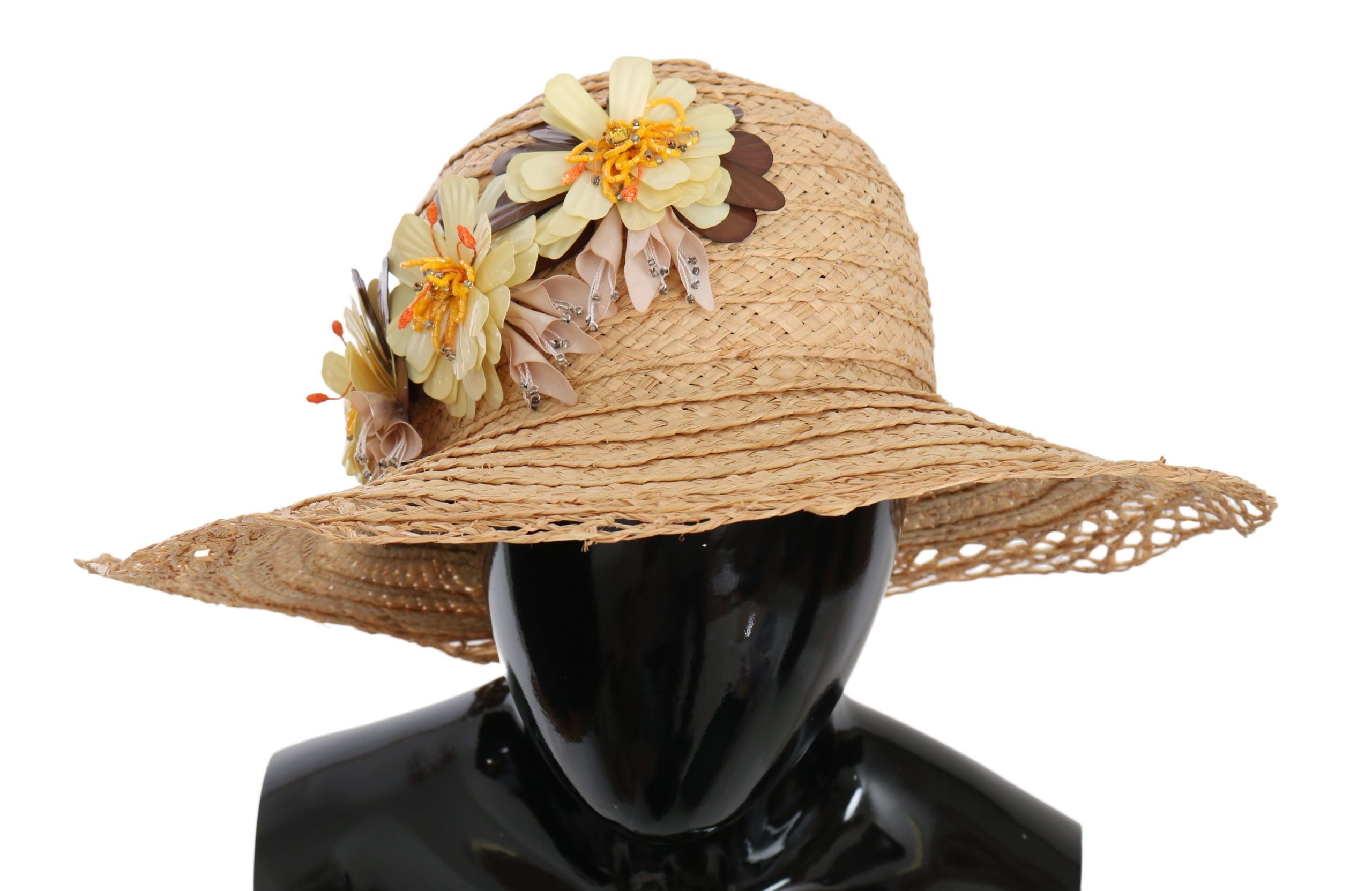 Beige Wide Brim Floral Bucket Capello Hat