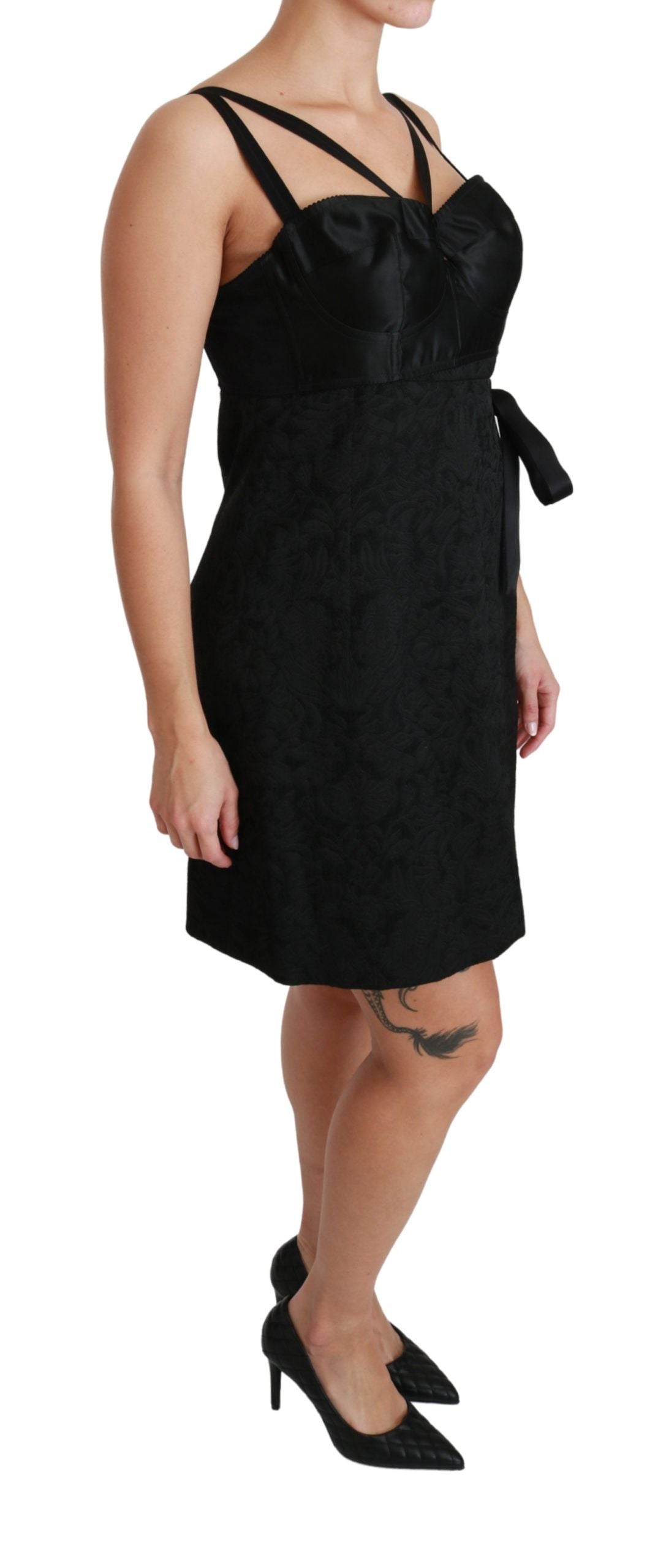 Black Stretch Satin Jacquard Mini Dress