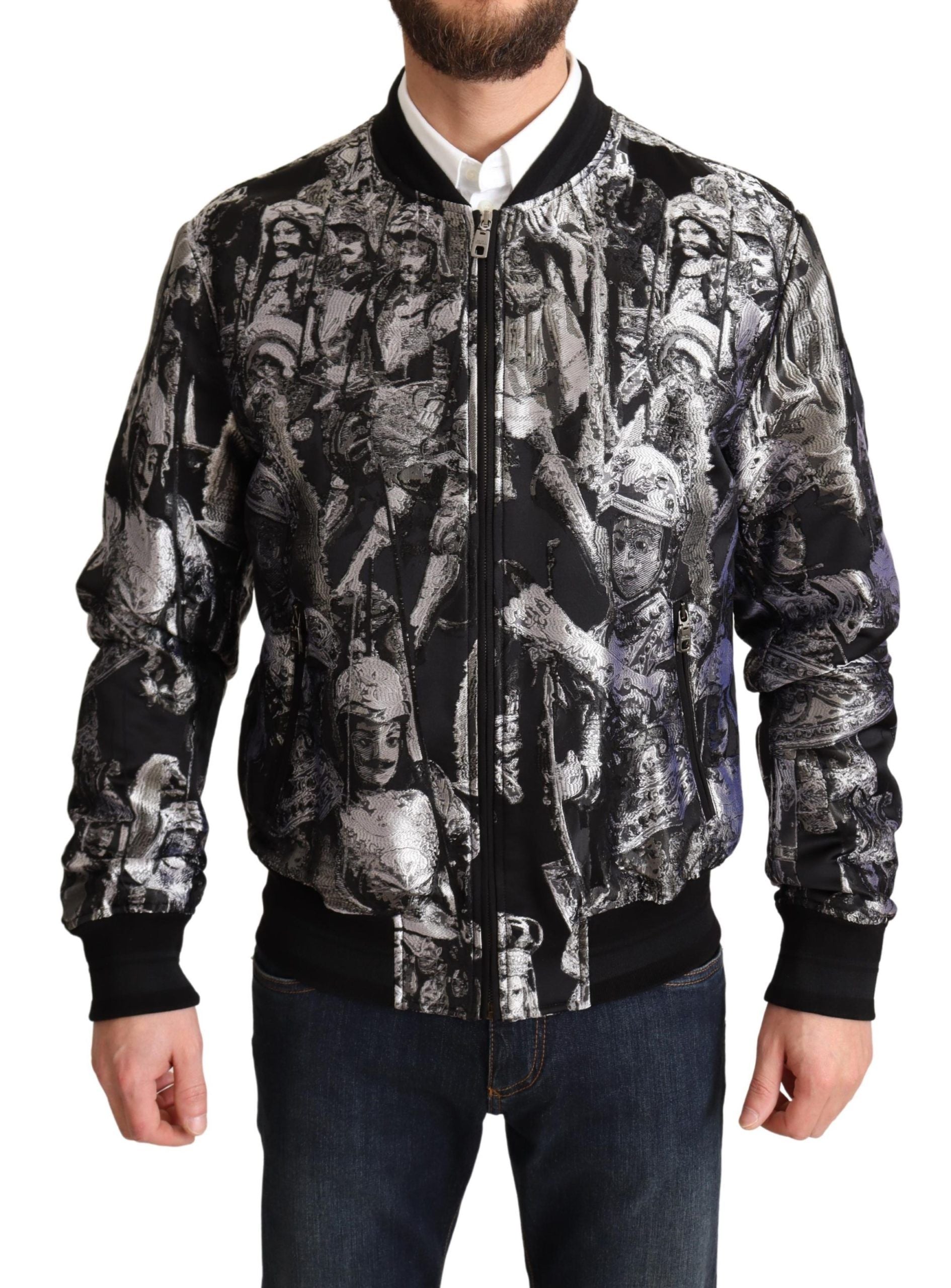 Black Silver Puppi Motive Bomber Jacket