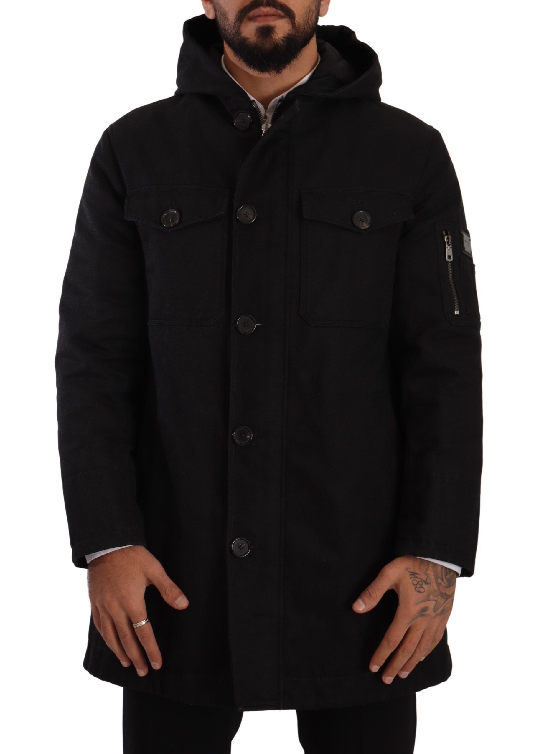 Black Denim Hooded Parka Coat Winter Jacket