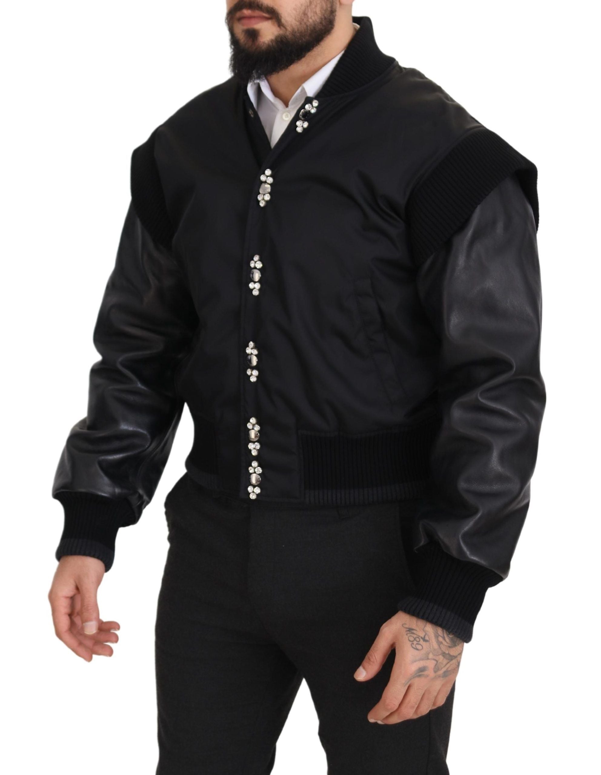 Black Nylon Crystals Coat Buttons Jacket