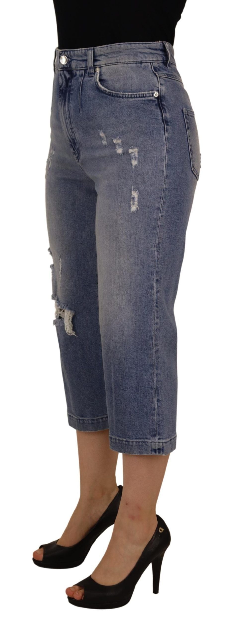 Blue Washed High Waist Cropped Denim Jeans