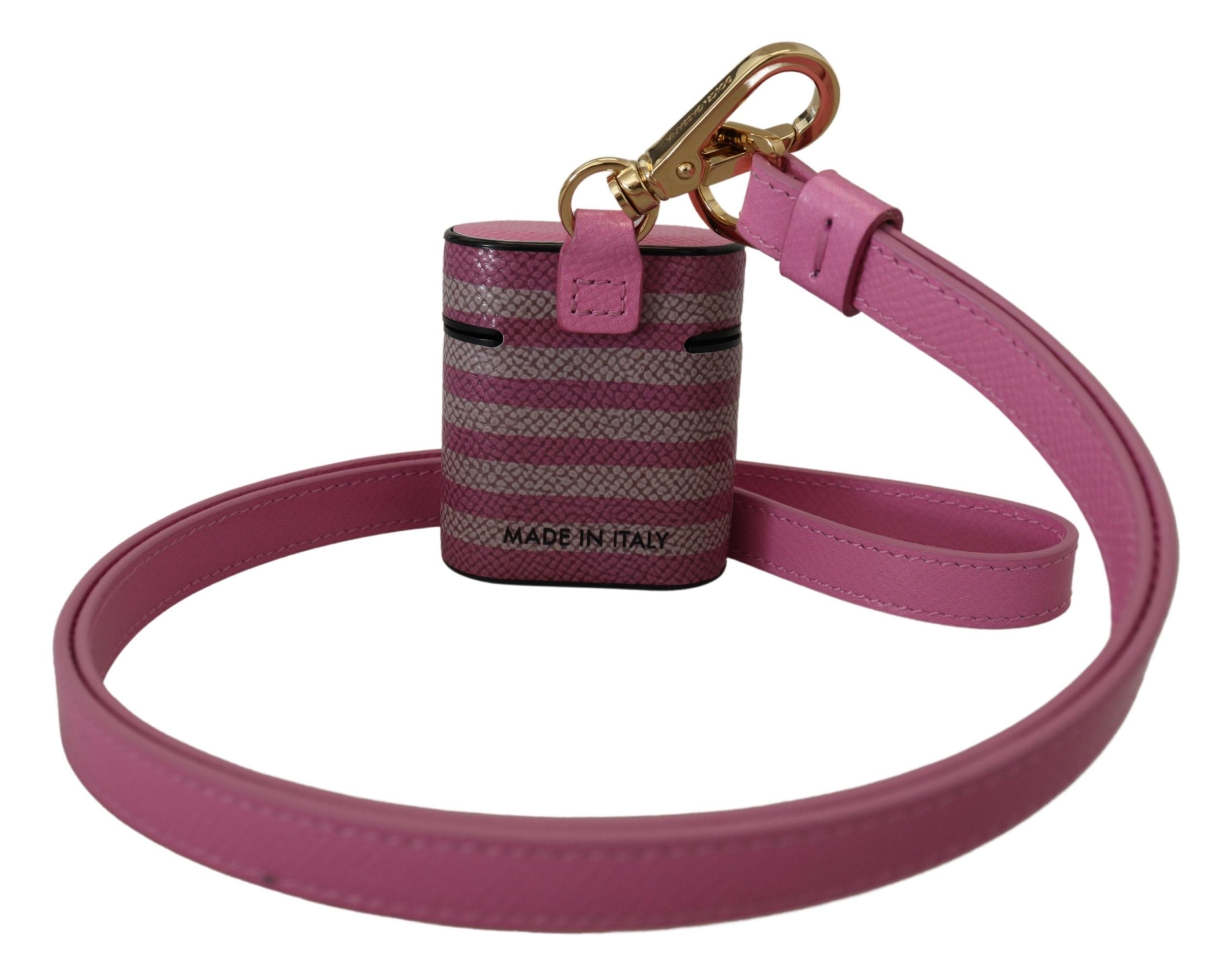 Pink Black Leather Strap Gold Metal Logo Airpods Case