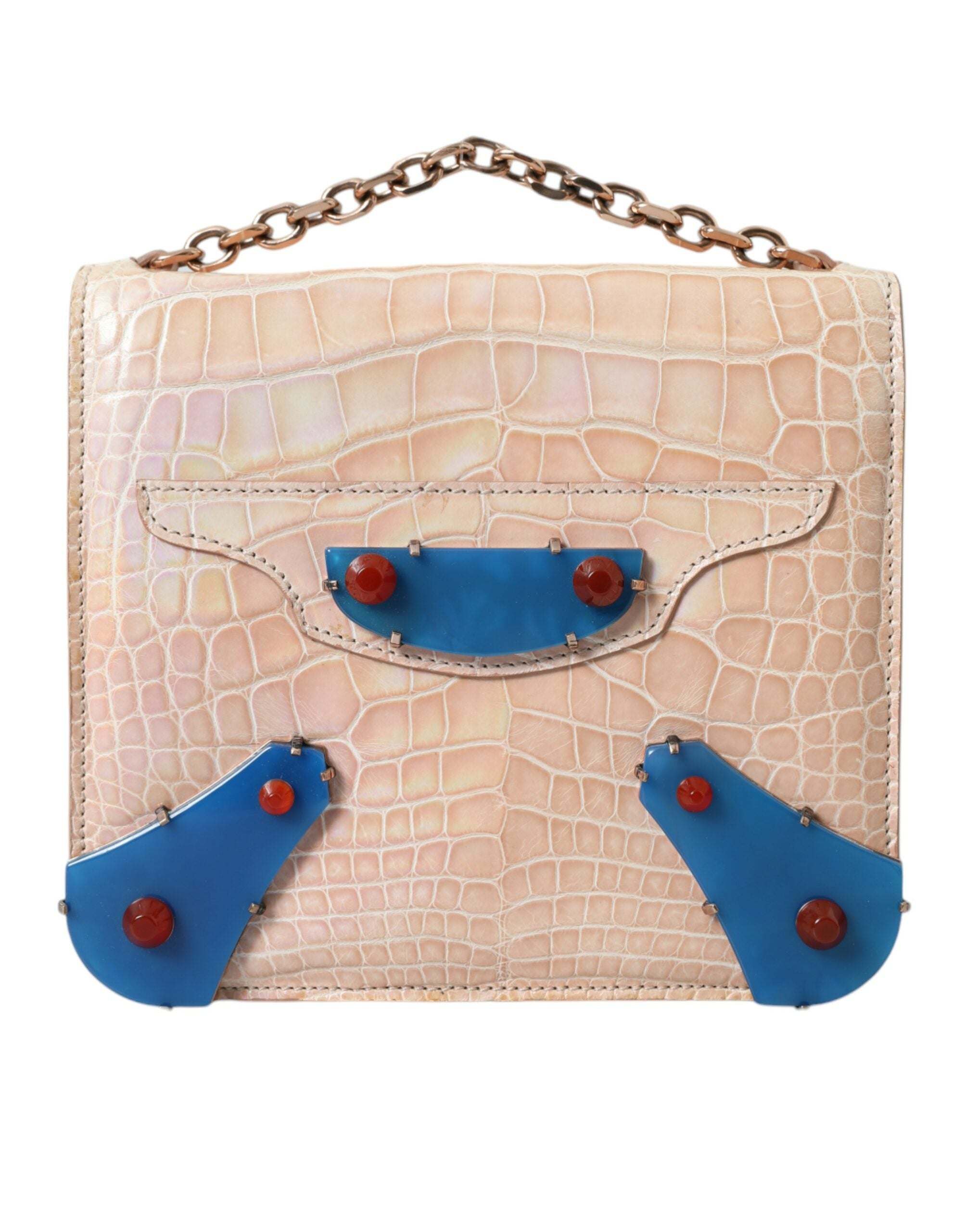 Beige Blue Agate Exotic Leather Gold Chain Purse Bag