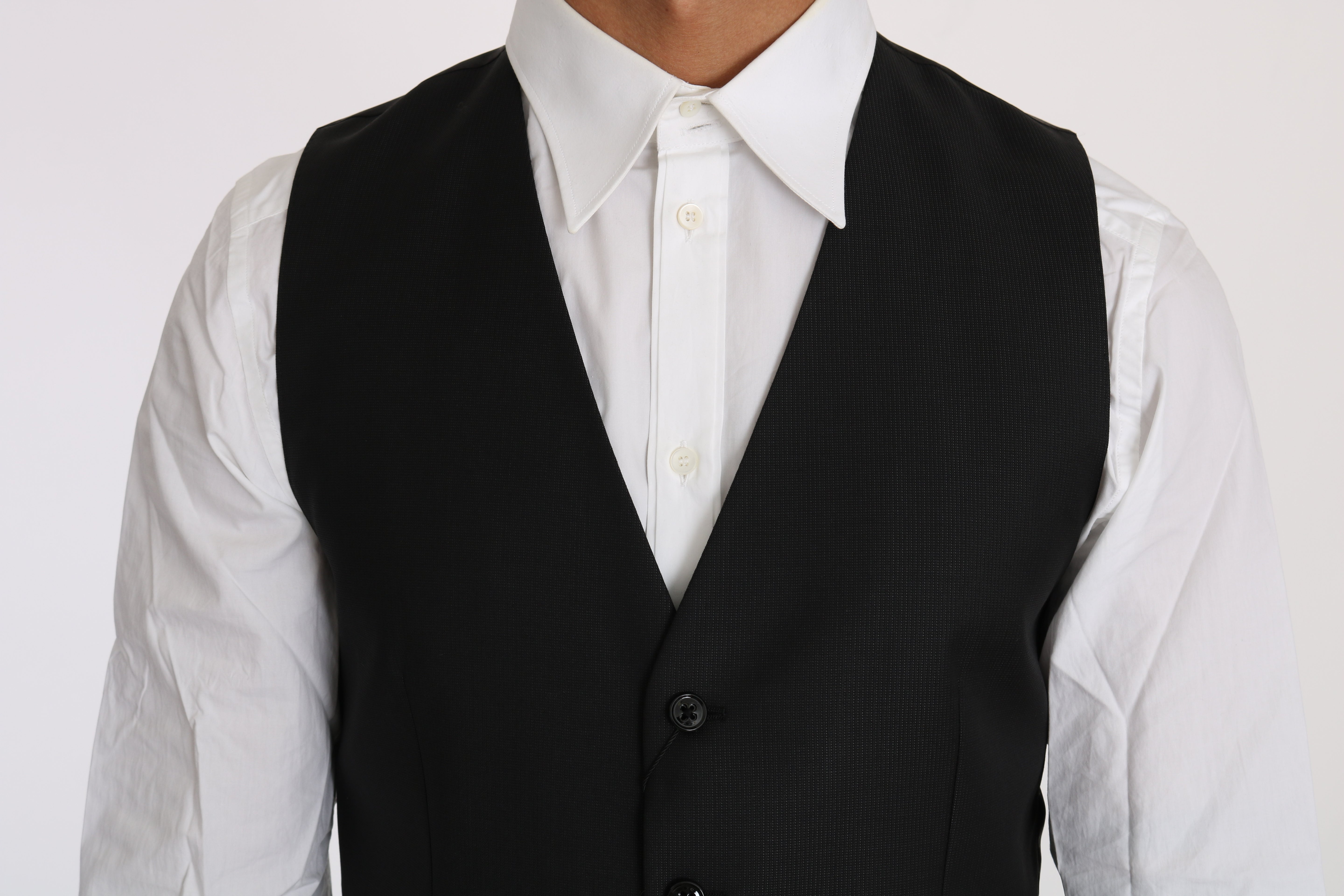 Black Solid Wool Silk Waistcoat Vest
