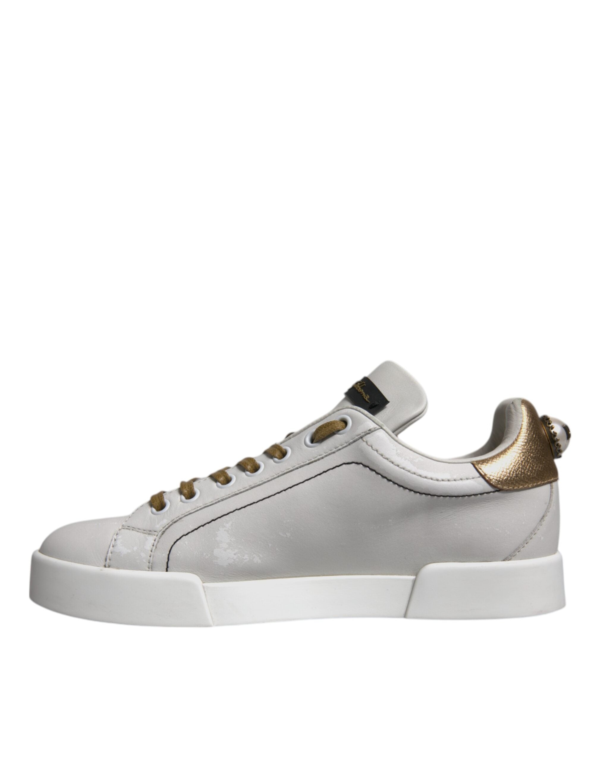 White Gold Leather Low Top Sneakers Shoes