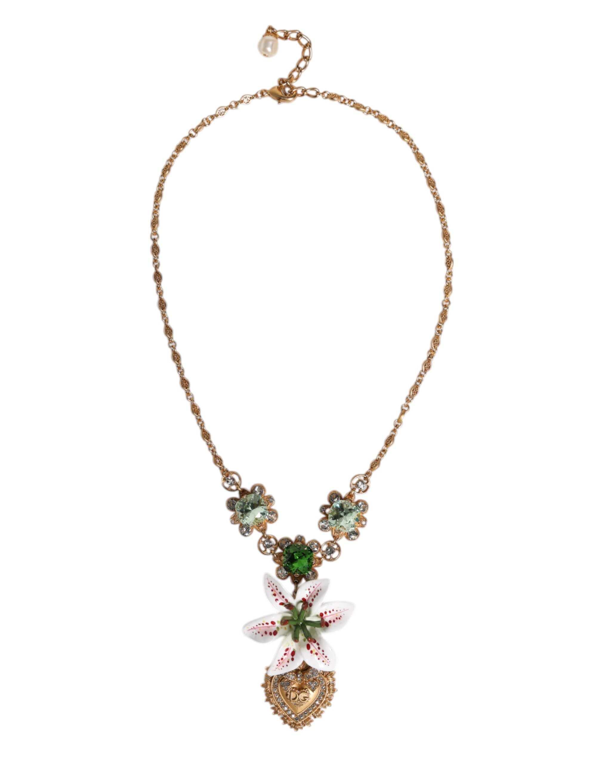 Gold Brass Lily Crystal Sacred Heart Pendant Necklace