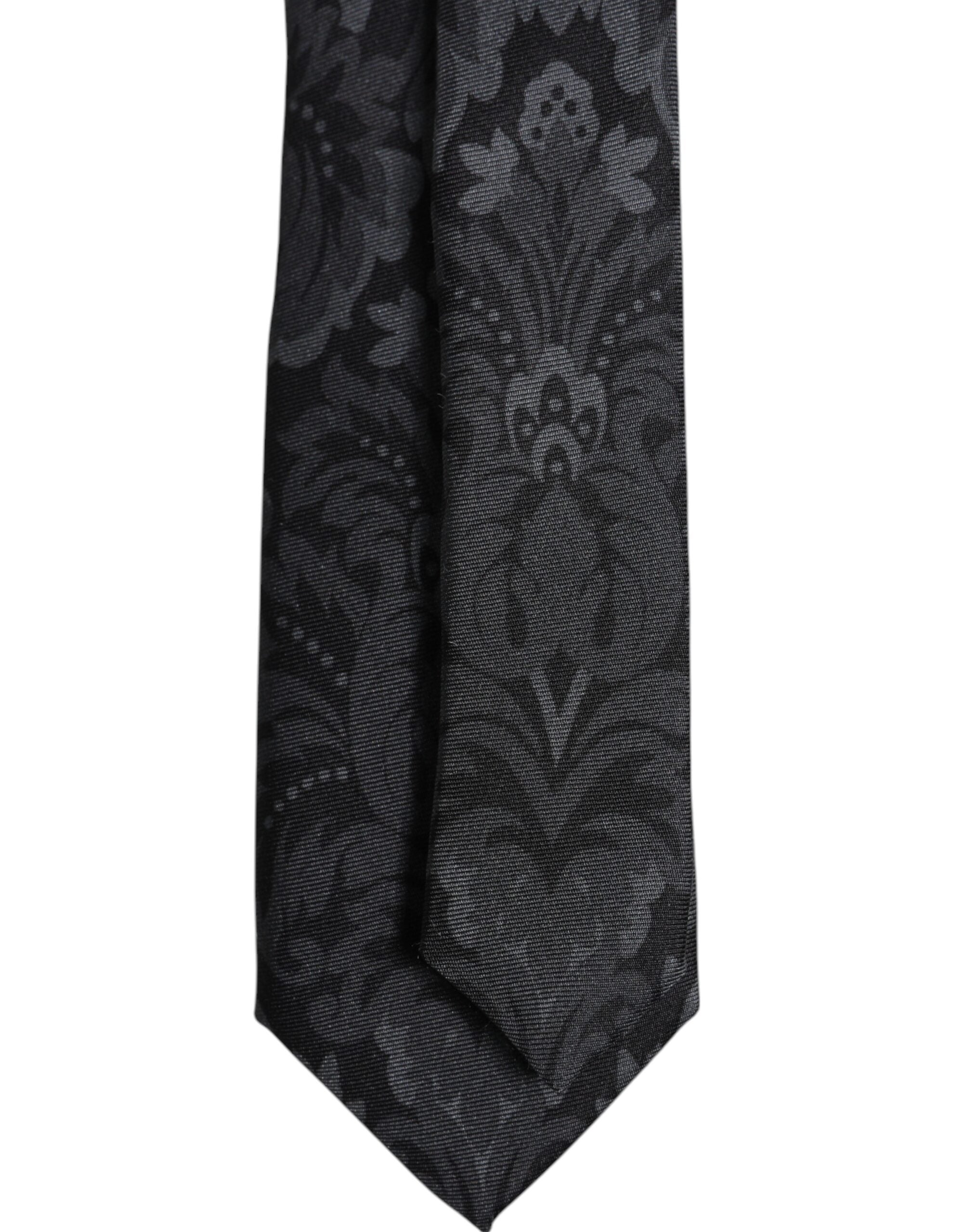Black Gray Flower Print Adjustable Necktie Tie