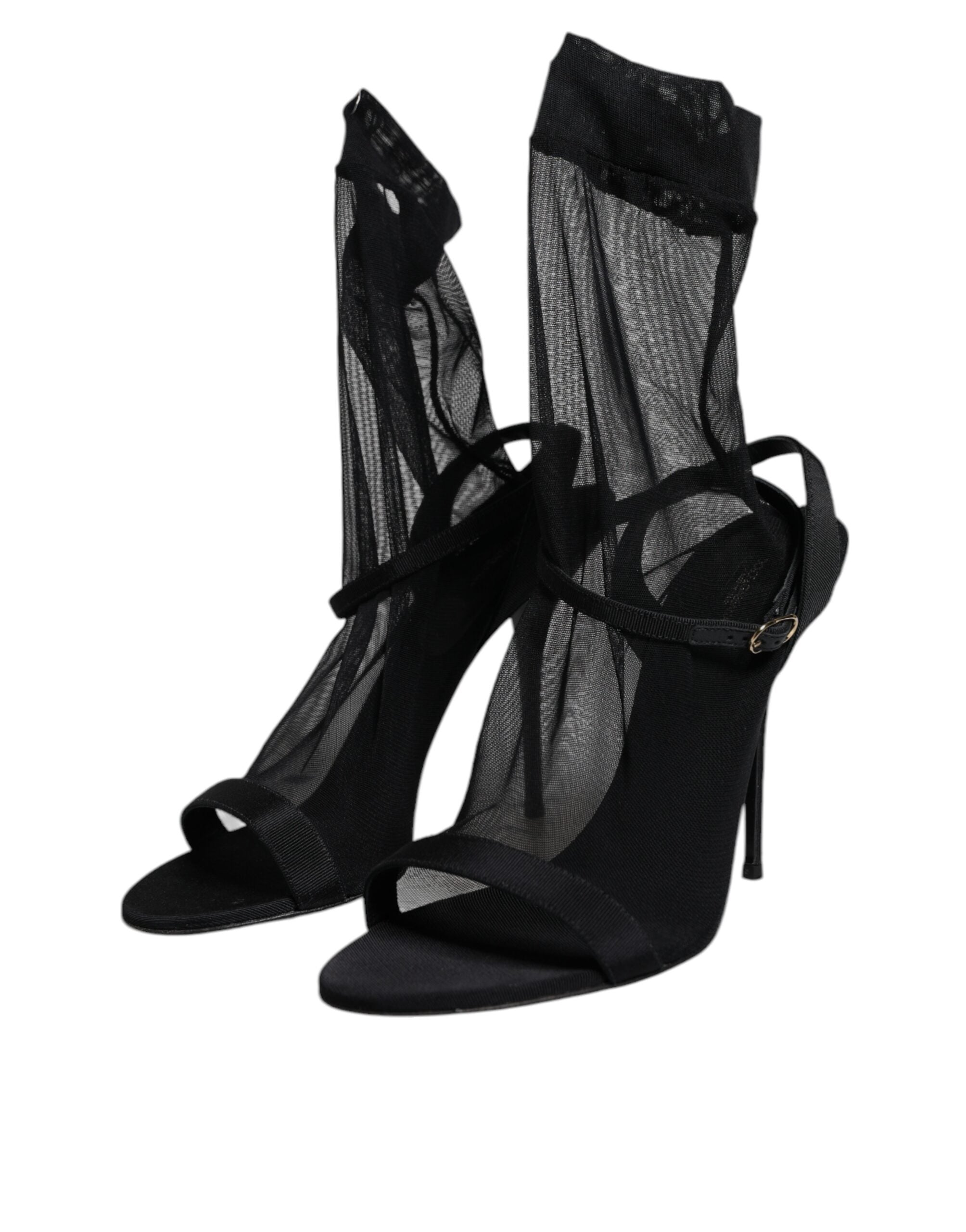 Black Tulle Stretch Heels Sandals Shoes
