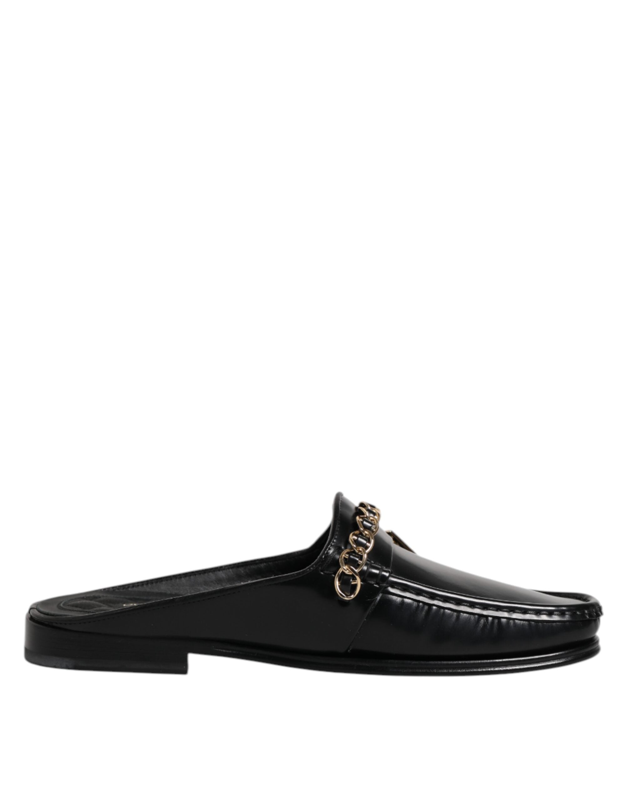 Black Leather DG Chain Embellished Sandals Shoes