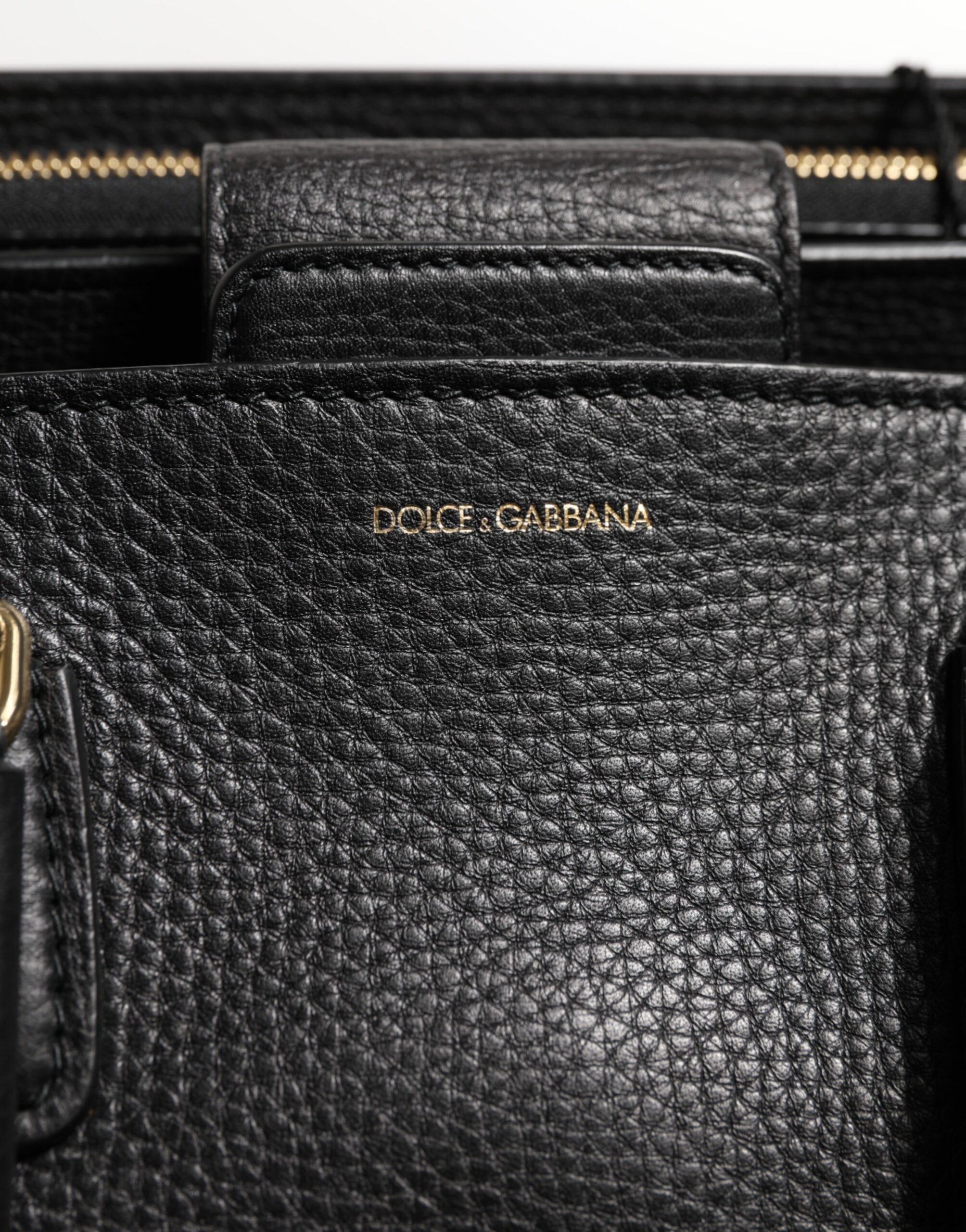 Black Calf Leather Logo Plaque Shoulder Tote Bag